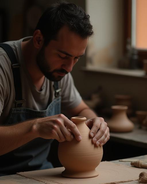 Un artigiano di Soffio di Vetro che modella un vaso di ceramica nel laboratorio