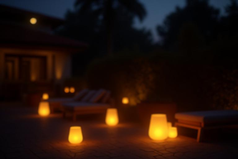 Lampade da esterno in vetro e ceramica che illuminano un patio di sera