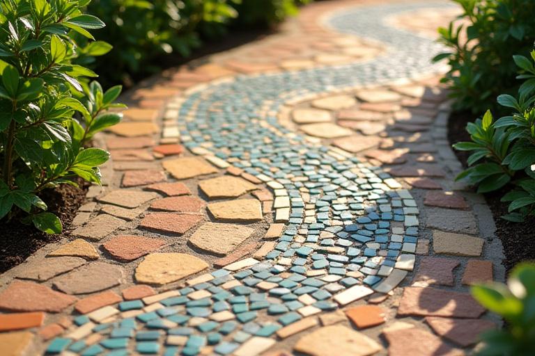 Dettaglio di un sentiero da giardino decorato con un mosaico artistico personalizzato