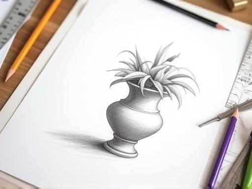 Schizzo di un vaso da giardino su un tavolo da lavoro