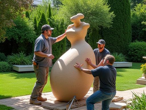 Installazione di una grande scultura in ceramica in un giardino privato