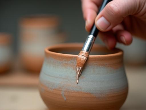 Dettaglio della smaltatura a mano di una fioriera in ceramica