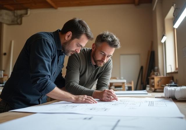 Architetto e artigiano discutono un progetto su misura nel laboratorio di Soffio di Vetro